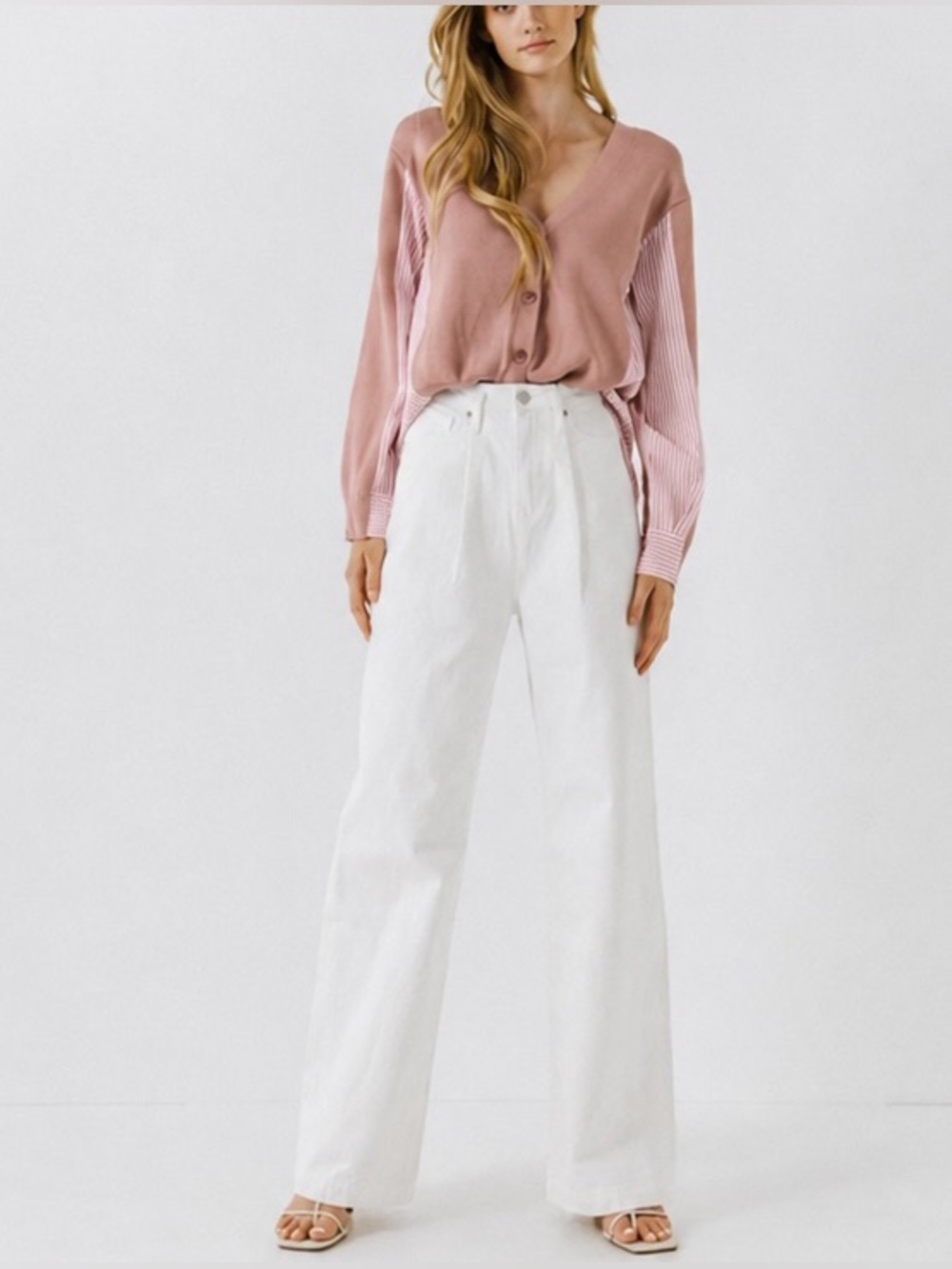 English Factory Button-Front Cardigan with Striped Shirt Style Back